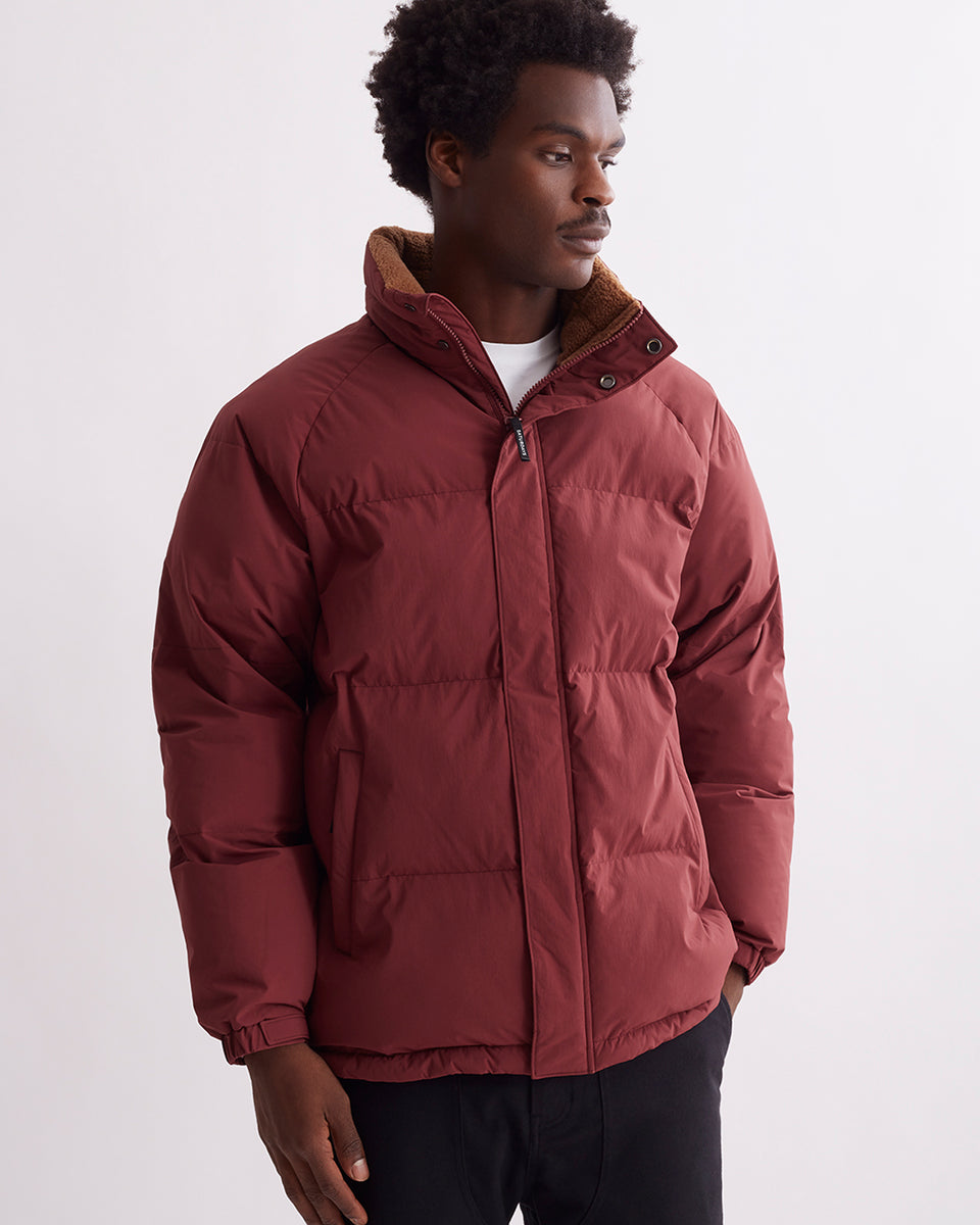 Red puffer jacket with hood mens hot sale